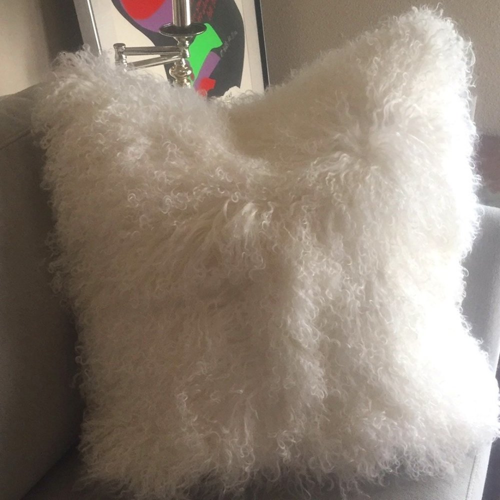 NEW 100% White Mongolian Lamb Wool Fur Pillow Cover Leather Hand-stitched 20x20"